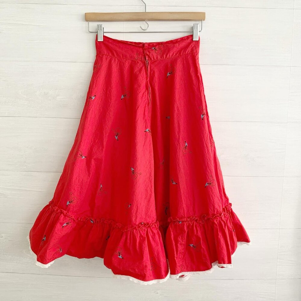 Vintage Handmade Red bicycle ruffled hem full cotton midi skirt, XS - Picture 7 of 8